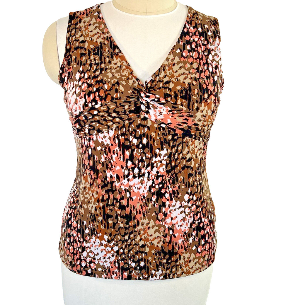 Women's XXL Tank Top Attention Cowl Neck Abstract Print Flare Hem Brown Pink